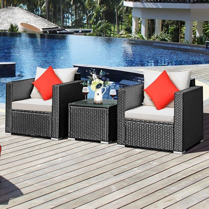 3 Pieces Patio Conversation Set Outdoor Rattan Wicker Furniture Set with Water-Resistant Cushion & Tempered Glass Tabletop, Wicker Chair for Porch, Balcony, Backyard(Beige)