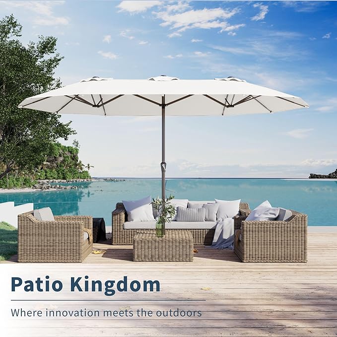 PatioKingdom 15FT Large Patio Umbrella with Base, Double Sided Rectangular Outdoor Umbrella with Sturdy Fiberglass Ribs, Market Umbrella for Pool,Garden,Backyard,Deck (Creamy-white, 15FT)