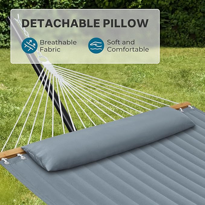 SUPERJARE Hammock with Stand, 2 Person Quilted Outdoor Hammock, Detachable Pillow & Bamboo Spreaders, Portable Hammock with Carrying Bag, Heavy Duty Stand, Perfect for Outside, Patio, Neutral Gray