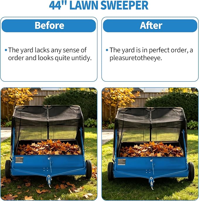 42" Tow Behind Lawn Sweeper, 14 cu. ft Capacity Leaf & Grass Collector-Adjustable Sweeping Height, Dumping Rope Design for Efficient Debris & Grass Cleanup on Yards, Driveways & Sidewalks