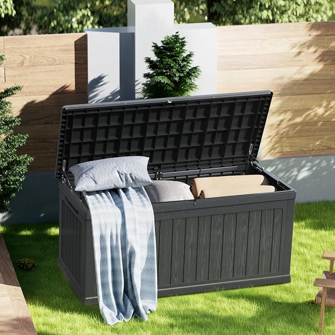 320 Gallon Waterproof Outdoor Storage Box, Lockable Patio Deck Boxes With Handle, Indoor and outdoor Resin Storage Box for Garden Tools, Patio Cushions, Package Delivery, Black