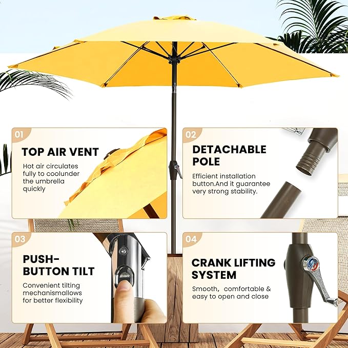 Ayge 7.5FT Large Outdoor Patio Umbrella Market Table Umbrella-UV Resistant, Easy Push Button Tilt and Crank, 6 Sturdy Fiberglass Ribs Heavy-Duty Pool Umbrella for Deck, Backyard,Garden, Yard,Yellow