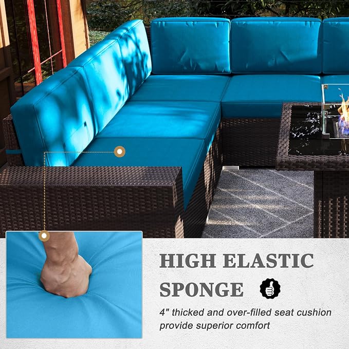 7 Pieces Patio Furniture Set with 44" Propane Gas Fire Pit Table, Outdoor Sectional Wicker Conversation Sofa Sets with Coffee Table