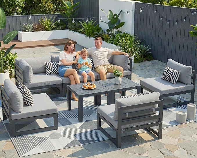 NICESOUL 8 Piece Extra Large Modern Aluminum Outdoor Sofa, 29" Deep Wide Seating, 500 lbs Durable Sectional Set for Heavy People, Rust Resistant Patio Furniture Set for Backyard Poolside, Light Gray