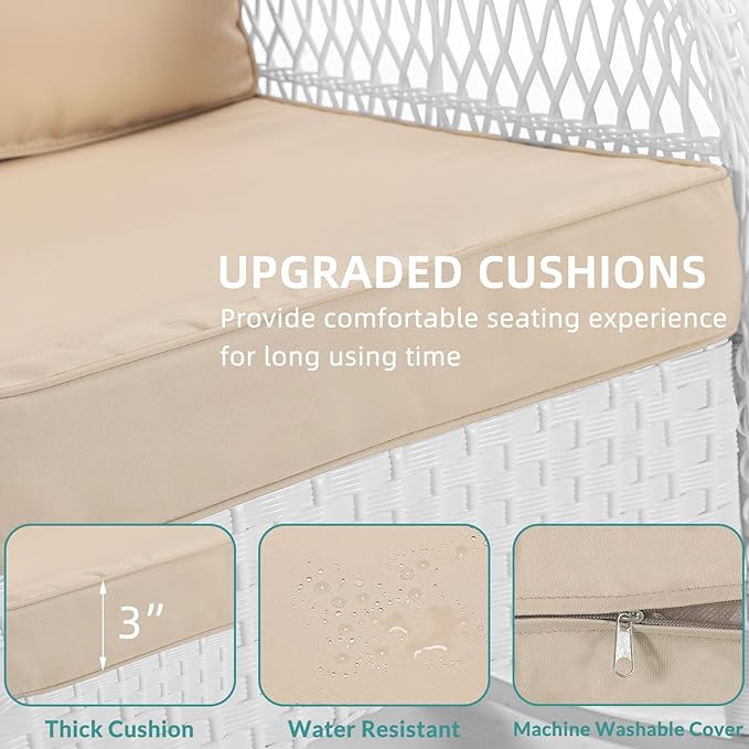 MEETWARM 4 Pieces Outdoor Wicker Patio Conversation Sets with Glider Loveseat, 2 Chairs with Coffee Table Wicker Rocking Glider Set, Rattan Conversation Set with Thickened Cushions, White/Beige
