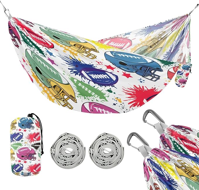 Hammocks for Outside Colorful Football Helmets Camping Hammock Portable Hammocks with Tree Straps and Carry Bag Camping Accessories for Hiking Beach Outdoor