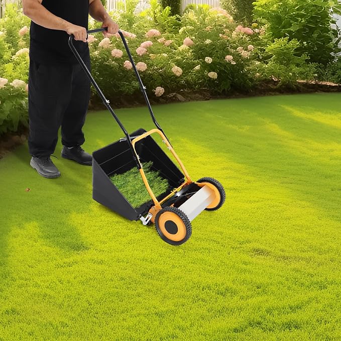 14 inch Push Reel Lawn Mower with Grass Catcher Orange Black Lawn Sweeper with Collection Box Adjustable Height Manual Push Lawn Mower 5-Blade Lawnmower for Gardens Lawns (14" Orange Black)