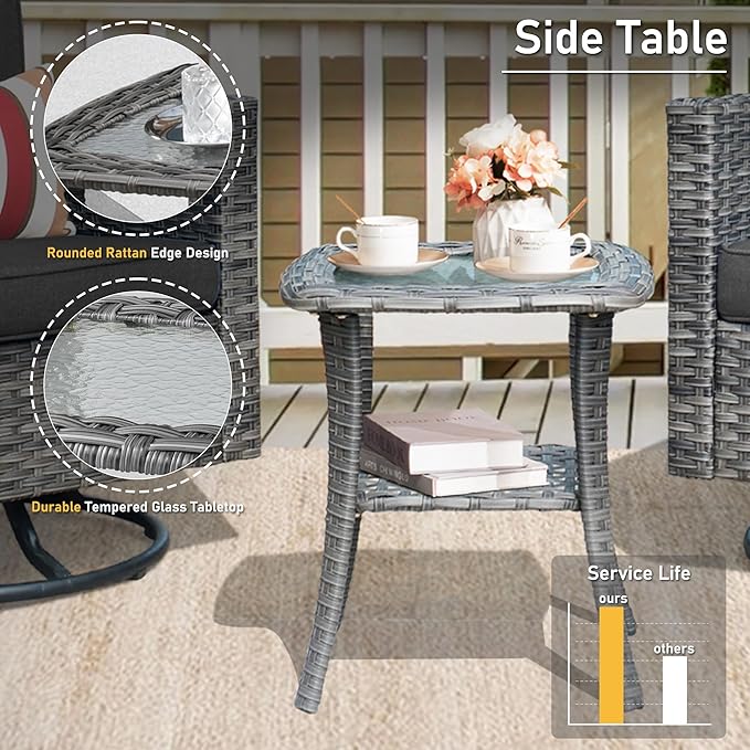 HOOOWOOO Wicker Outdoor Swivel Bistro Set for 2,3 Piece Patio Rocking Chairs and Table,All Weather Resistant Outside Out Door Rattan Rockers Furniture Set,Black