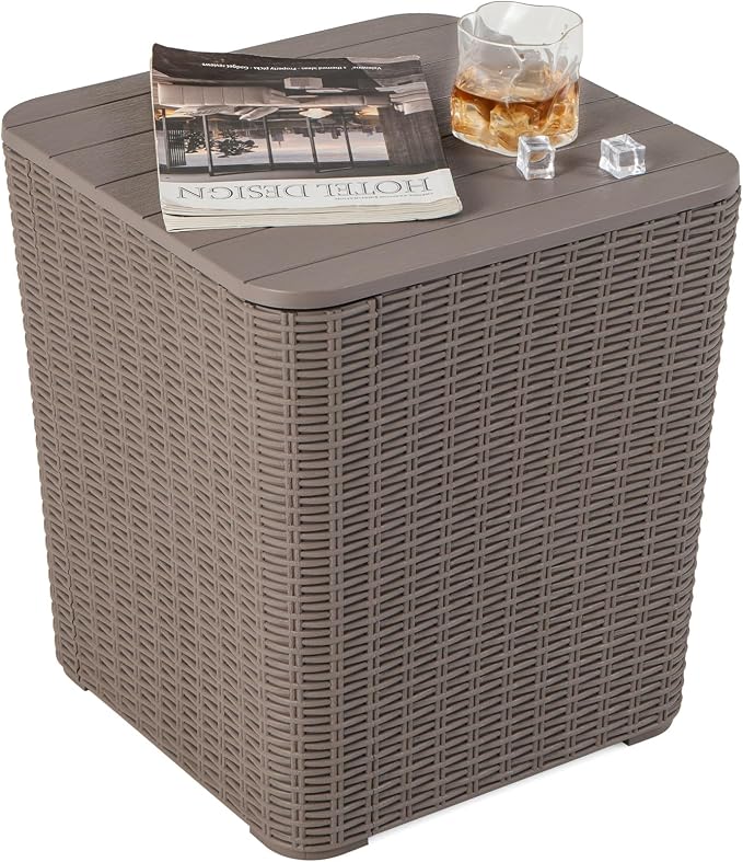 MEDIMALL Resin Wicker Patio Side Table with Lid, 11.5-Gallon Outdoor Deck Box with Concealed Storage Space, Small Square Coffee Table End Table for Porch, Garden, Poolside, Brown/Black (brown)