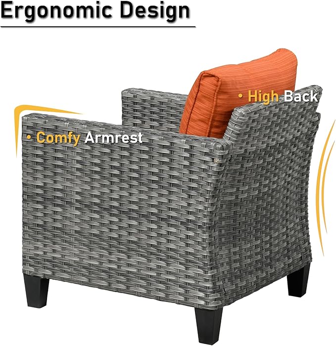 HOOOWOOO Patio Conversation Sets,5 Piece Wicker Outdoor Furniture Set with Ottoman,All Weather Resistant Modern Outside Out Door Rattan Couch Chairs Set,Orange Red