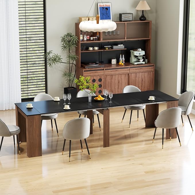 20.08" - 118.50" Extendable Dining Room Table, Modern Extra Long Folding Dining Tables for 2-10 People, Outdoor Patio Furniture Set, Adjustable Kitchen Dinner Table, Black Walnut