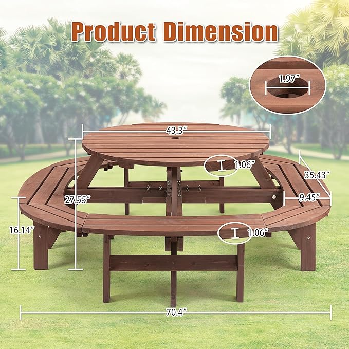 SSLine 10-Person Solid Wood Picnic Table Outdoor Round Picnic Table and Bench Set with Umbrella Hole Outside Wooden Table and Chairs Set for Patio Backyard Garden Lawn (Dark Brown)