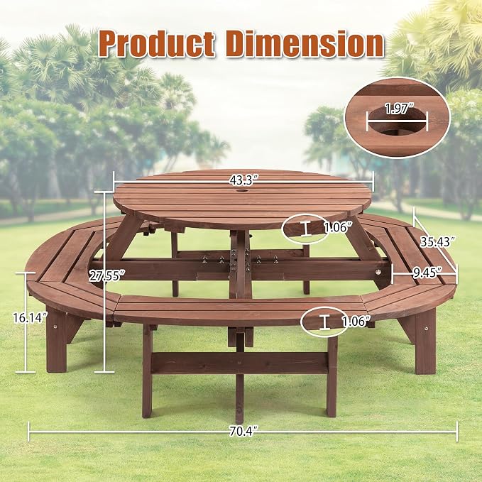 10-12-person Round Outdoor Wooden Picnic Table for Patio, Backyard, Garden, DIY with 1 Built-in Ring Stool, 1500-lb Weight Capacity - Walnut Brown