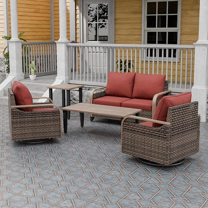 Modern Wicker Patio Furniture Set, Rattan Outdoor Conversation Set with Comfortable Cushions, 2 Swivel Rocing Chairs, 2 SeatLoveseat, Coffee Table and Side Table, 5 Pieces, Brown/Red