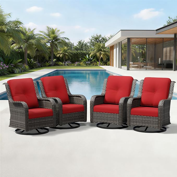 Joyside 4 Piece Outdoor Swivel Rocker Patio Chairs, Wicker Patio Furniture with High Back, Deep Seating, Wide Armrest, Thickened Cushions, Outdoor Rattan Furniture for Deck, Porch Use