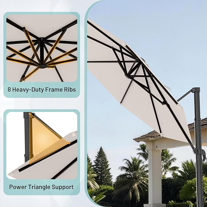 AreShark 11FT Round Cantilever Patio Umbrella with Base Included, 360° Rotation Offset Outdoor Umbrella, 5 Tilt Settings Heavy Duty Hanging Parasol for Deck Garden Pool, Cream White