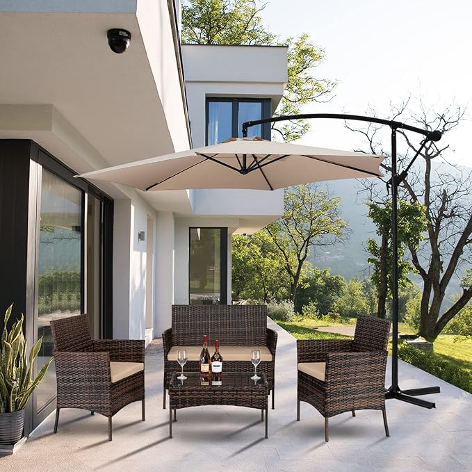 JHshop 4 Pieces Patio Conversation Set with Coffee Table, Rattan Sofa Set with Tempered Glass Coffee Table, Outdoor Furniture for Balcony Backyard Porch Garden, Sofa Chair with Coffee Table