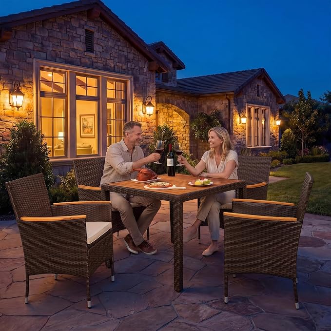 GUNJI 5 PCS Patio Table and Chairs Sets Small Outdoor Dining Set for 4 (Brown)