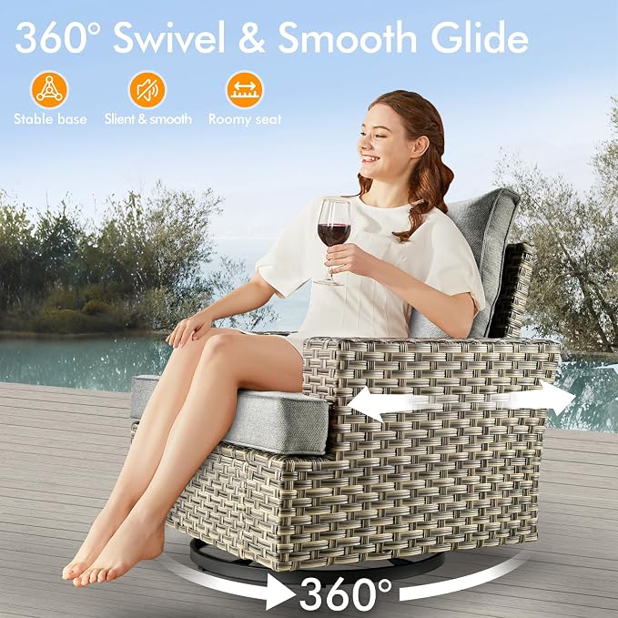 10 Pcs Outdoor Sectional Patio Furniture Set with Fire Pit Table and Swivel Rocking Chairs - All Weather Wicker Modular Outside Sectional Couch,Patio Seating Outdoor Conversation Sets,Grey