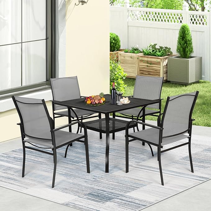 Incbruce 5 Pieces Patio Dining Set, Outdoor Dining Set of 4 Textilene Chairs and Square Table with Umbrella Hole for Backyard, Garden, and Poolside (Grey)