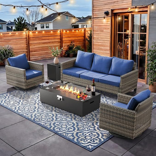 HUMMUH Patio Furniture Set with Fire Pit Table,5 Piece Wicker Outdoor Conversation Sets -Outdoor Swivel Rocker Chairs Patio Sofa for Porch,Garden,Backyard