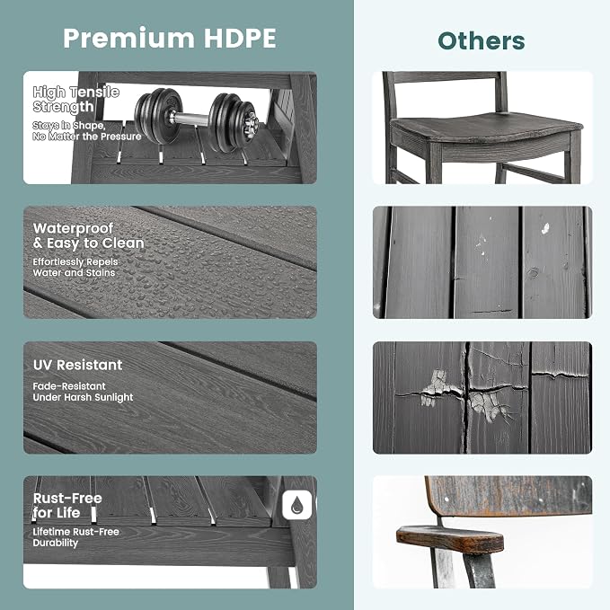 Pamapic 5 PCS Outdoor Dining Set, Spacious HDPE Outdoor Table and Chairs with 2 Bench, Wood Grain Patio Furniture Sets with Elegant Armrest, All-Weather Outdoor Furniture with Umbrella Hole, Gray