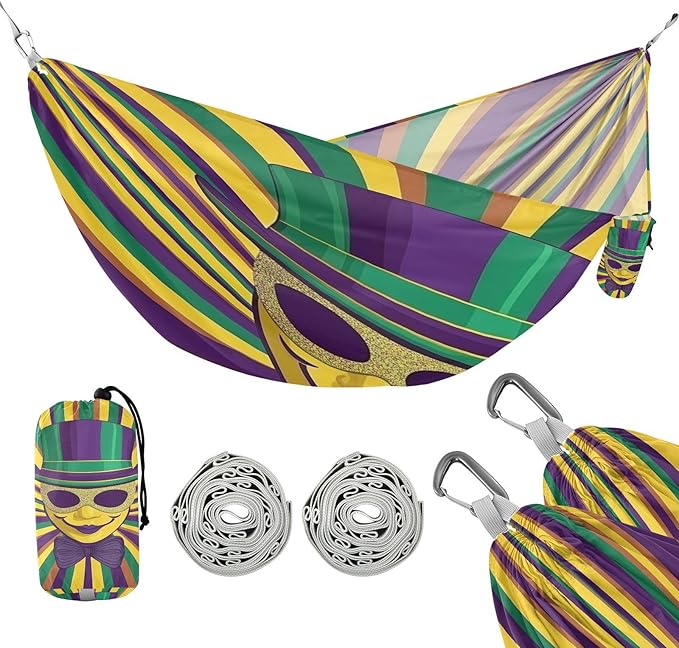 Mardi Gras Carnival Tie Masks Hats Outdoor Hammock with Tree Straps Tree Hammock for Outside Beach Patio Garden