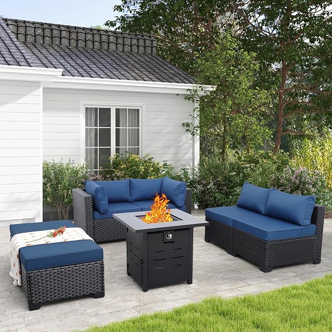 7 Pieces Outdoor PE Wicker Furniture Set Patio Rattan Sectional Conversation Sofa Set with Navy Blue Cushions and Fire Pit Table