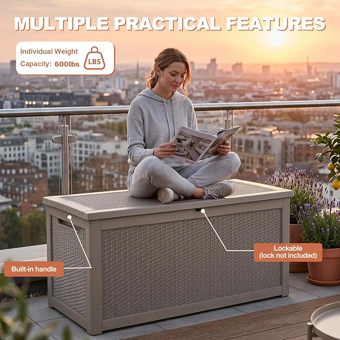 EFU Outdoor Storage Box 320 Gallon Deck Box (Indoor & Outdoor) Lockable UV Resistance Waterproof Resin Storage Bin Storage Box for Outdoor,Patio Storage With Support Rod(Taupe)