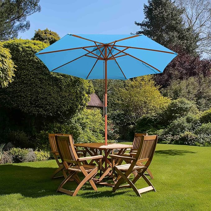 9 Ft Wooden Patio Umbrella 8 Ribs Table Parasol Rope Pulley Outdoor Garden Yard