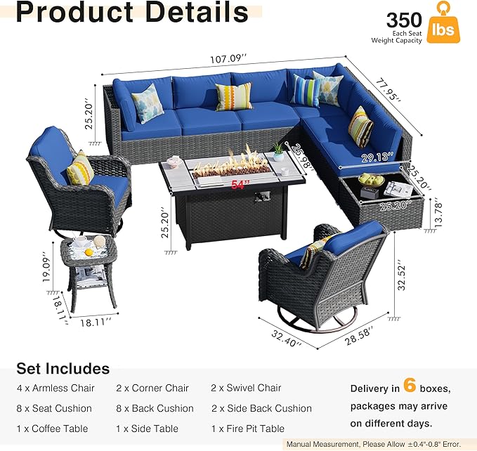 HOOOWOOO Outdoor Patio Furniture with Fire Pit Set 11 Pieces Patio Set with Fire Pit Wicker Outdoor Furniture with Fire Pit Table Set Patio Sectional Set with Swivel Chairs,Navy Blue