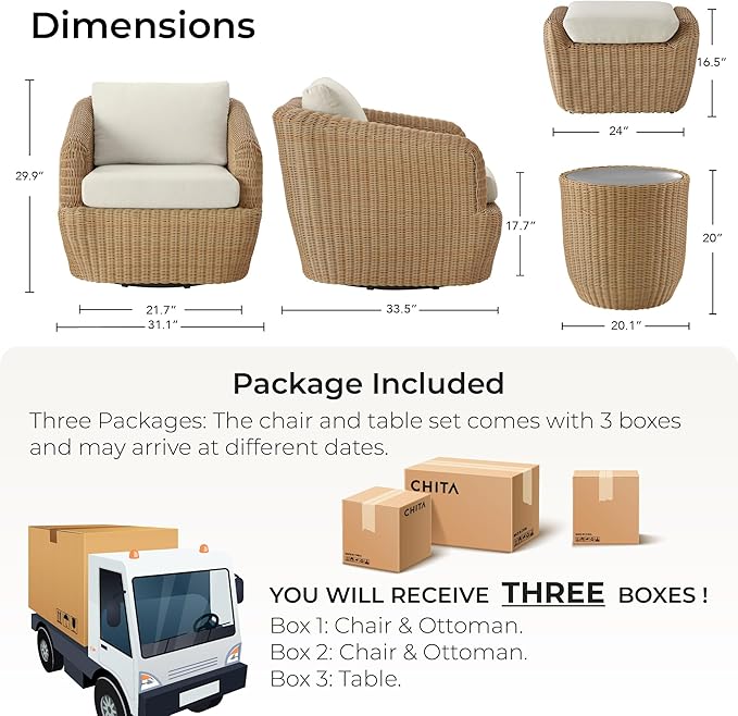 CHITA 5 Pieces Patio Wicker Furniture Set, Outdoor Rattan Bistro Set with Removable Thickened Cushions, Fully Assembled(Beige Cushions with Light Brown Wicker)