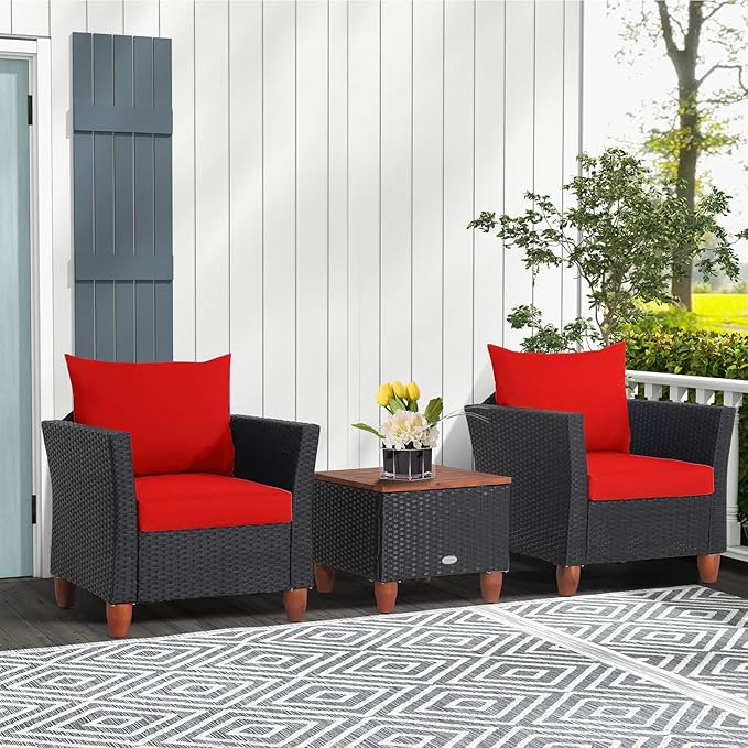 Tangkula 3 Piece Patio Furniture Set, Patiojoy Outdoor Wicker Rattan Bistro Sofa Set w/Washable Cushion, Acacia Wood Top Coffee Table, Conversation Set w/Adjustable Feet for Balcony Backyard Porch