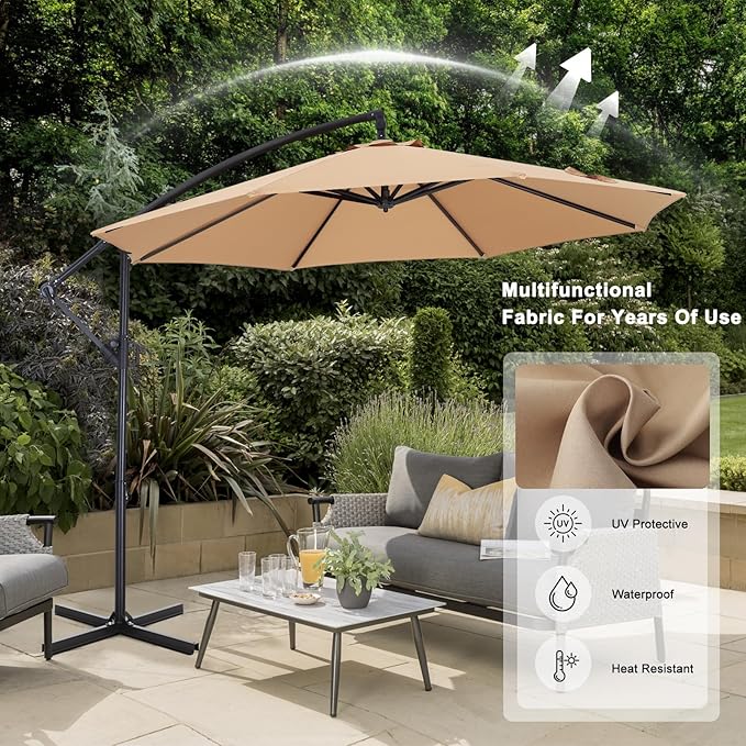 ABCCANOPY 10FT Cantilever Patio Umbrella with base included, 360° Rotation Outdoor Offset Umbrella for Backyard, Deck, Poolside (Khaki)
