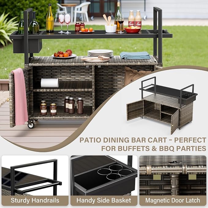 Belord Wicker Outdoor Bar Cart with Storage Cabinet and Four Rolling Wheels Patio Bar Table, Outdoor Buffet Cabinet Movable with Removable Side Basket for Deck Poolside Backyard Gray