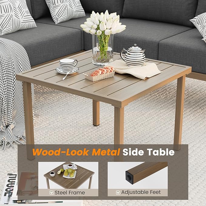 6 Pieces Patio Furniture Set, Wood-Look Metal Outdoor Sectional Furniture Conversation Set, L Shape Patio Couch with Side Table, 6.5" Thick Olefin Cushions for Garden, Backyard, Deck(Dark Grey)