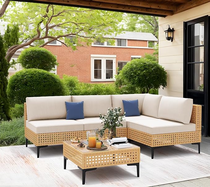 Outdoor Sectional 5 Piece Patio Furniture Set Free Combination Outdoor Couch with Thick Cushion All Weather Wicker Patio Conversation Sets for Backyard, Deck, Poolside