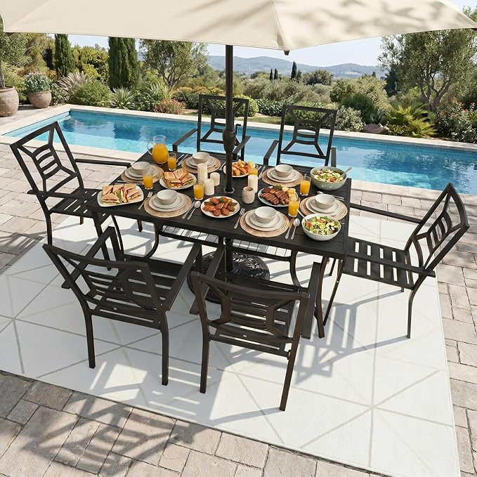 7 Pieces Patio Dining Set for 6, Large 60" Outdoor Metal Table with Universa Umbrella Hole & Stackable Iron Chairs, Patio Furniture Set for Deck, Backyard, Yard, Porch