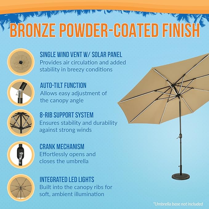 Island Umbrella Calypso 11 ft Octagon Patio Umbrella – With Crank Lift, Push-Button Tilt, Rust-Resistant Aluminum Pole, 8-Rib Frame, Solar LED Lights & Breez-Tex Weather-Resistant Canopy – Champagne