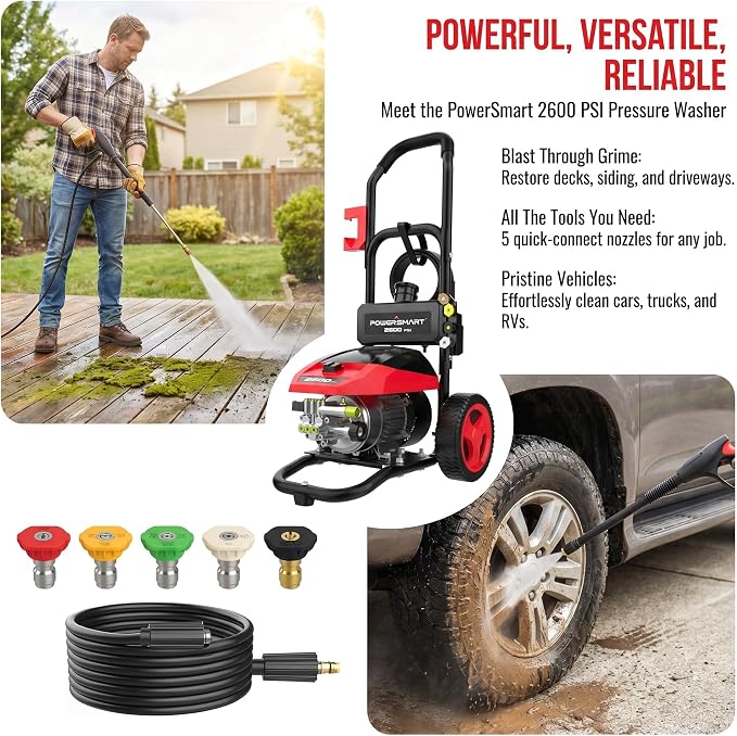 PowerSmart 3000 PSI Max Electric Pressure Washer-1.2 GPM Brushless Motor Power Washer with 5 Nozzles, GFCI Protection, 8” Wheels and Soap Tank, for Car, Patio, Fence, Driveway Cleaning