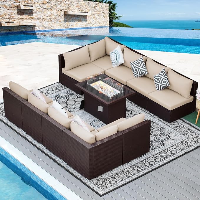 NICESOUL 11 Piece Outdoor Furniture Set with Natural Gas/Propane Firepit, Luxury 10-Seater Patio Sectional, 29.3'' High-Back Backyard Seating, All-Weather Rattan Couch Set for Deck, Brown & Beige