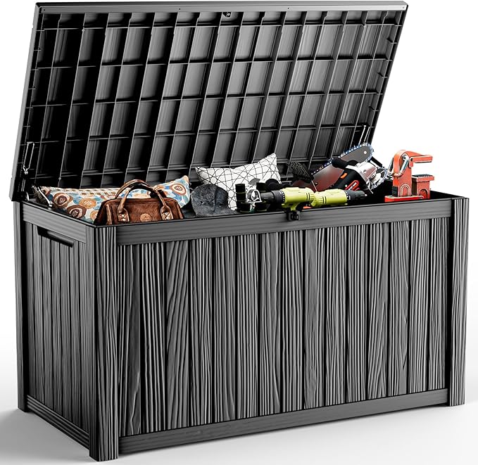 230 Gallon Outdoor Deck Box, Resin Waterproof Storage Box With Lockable Lid, UV-Resistant Multi-Purpose Outdoor Storage Bench for Patio Cushions, Garden Tools, Pool Accessories (Black)