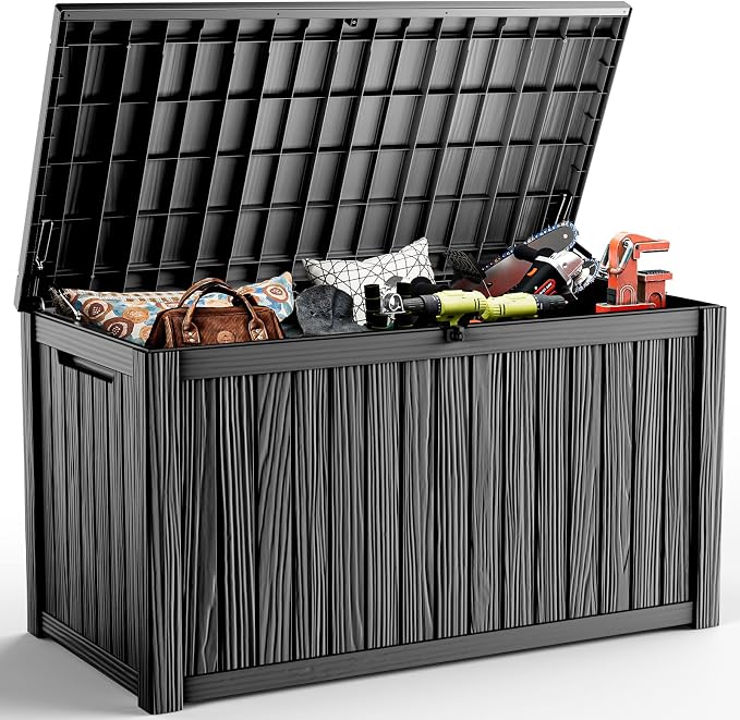 200 Gallon Outdoor Storage Box Waterproof, Resin Lockable Deck Box with Lid, Large Capacity Weatherproof Container for Patio Furniture Pool Accessories, Side Table(Black, 200 Gallon)