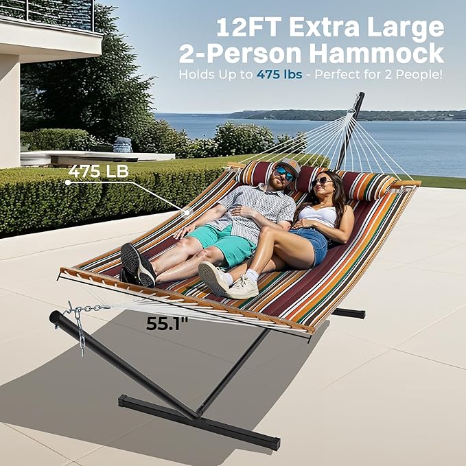 SUPERJARE Hammock with Stand, 2 Person Quilted Outdoor Hammock, Detachable Pillow & Bamboo Spreaders, Portable Hammock with Carrying Bag, Heavy Duty Stand, Perfect for Outside, Patio, Maple-Leaf Red