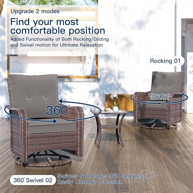 Kullavik Outdoor Swivel Chairs Set of 2,Patio Wicker Rocker Chairs with 4" Thick Cushions and Side Table,Patio Conversation Furniture Set for Patio Porch Deck Backyard,Grey