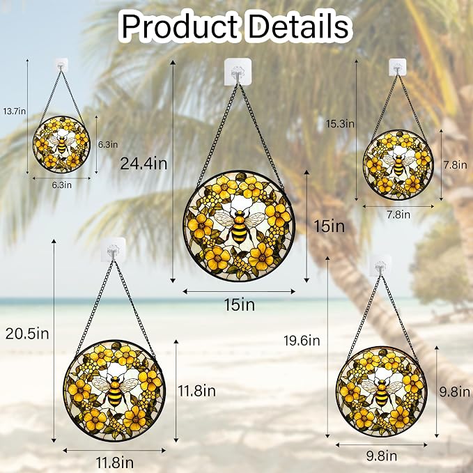 Stained Glass Window Hanging - Yellow Flowers Surrounded by Bees Sun Catcher for Door Garden Home Decor Cute Suncatcher Christmas Mother's Day Birthday Gifts for Women Men Mom Nana 6.3 in