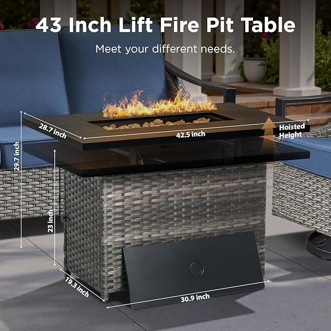 Patio Furniture Set with 42.5" Fire Pit Table-7 Pieces All Weather Wicker Outdoor Furniture with High Back Swivel Patio Chairs Set of 2 Outdoor Patio Conversation for Deck Garden Blue/Gray