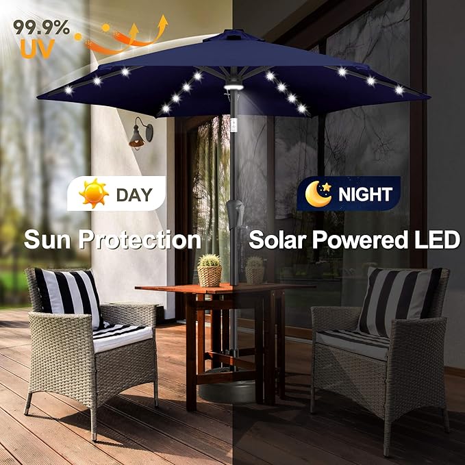 FLAME&SHADE 7.5 FT Solar Light Patio Umbrella, 24 LED Lights Outdoor Umbrella with Centre Surround Light, Table Umbrella Outdoor Patio for Deck, Pool, Backyard, Garden, UV Protection (Navy Blue)