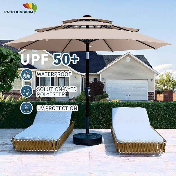 PatioKingdom 9ft 3-Tier Patio Market Umbrella with Crank/Tilt, Commercial Heavy Duty Wind Proof,Outdoor Table Umbrella with 8 Fiberglass Ribs,UPF50+ for Deck,Pool,Garden,Backyard (Beige)