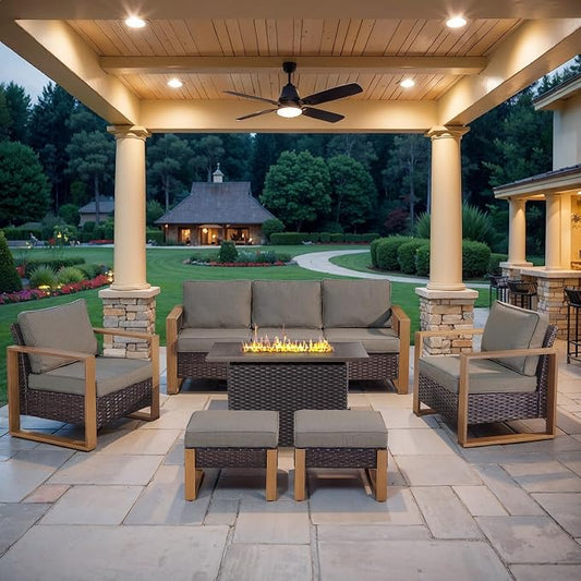 Belord 6 Piece Outdoor Patio Furniture Set with Propane Fire Pit Table, Wicker Patio Conversation Set with2 Patio Wicker Chairs Rattan Sofa and Removable 4" Thick Cushions for Deck Backyard